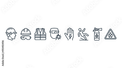 Workplace safety vector icons set featuring helmet, goggles, vest, welding mask, electrical hazard, slip warning, shield protection, fire extinguisher, hazard flame for industrial safety design