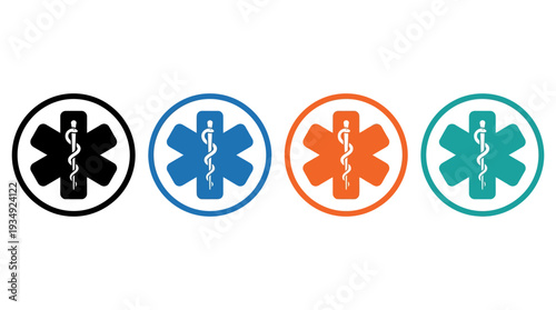 Emergency medical vector icons set featuring Star of Life with Rod of Asclepius, healthcare safety design in black, blue, orange, teal colors for EMS branding