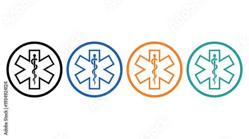 Emergency medical vector icons set featuring Star of Life with Rod of Asclepius, healthcare safety design in black, blue, orange, teal colors for EMS branding