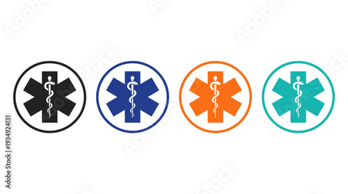 Emergency medical vector icons set featuring Star of Life with Rod of Asclepius, healthcare safety design in black, blue, orange, teal colors for EMS branding