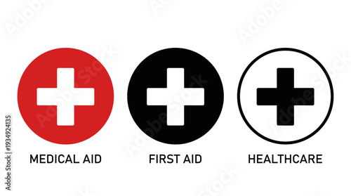 Medical health vector icons set with red, black, and white cross symbols, emergency first aid design, healthcare safety illustration for branding, hospitals, clinics, wellness services