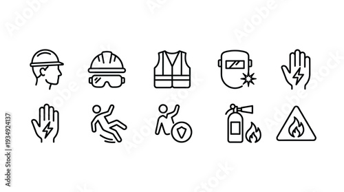 Workplace safety vector icons set featuring helmet, goggles, vest, welding mask, electrical hazard, slip warning, shield protection, fire extinguisher, hazard flame for industrial safety design