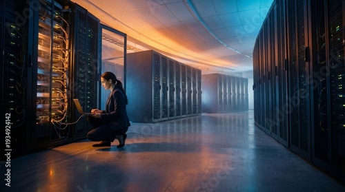 A technician works on server racks in a modern data center with glowing lights, performing maintenance or system checks.