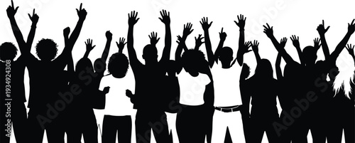 Diverse cheering crowd silhouette vector illustration with people raising hands and celebrating isolated on white background for concert and events.