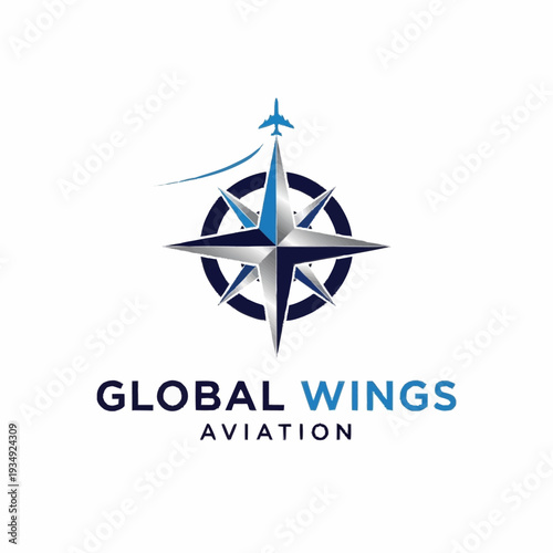 Global Wings Aviation Logo Design with Compass and Airplane.