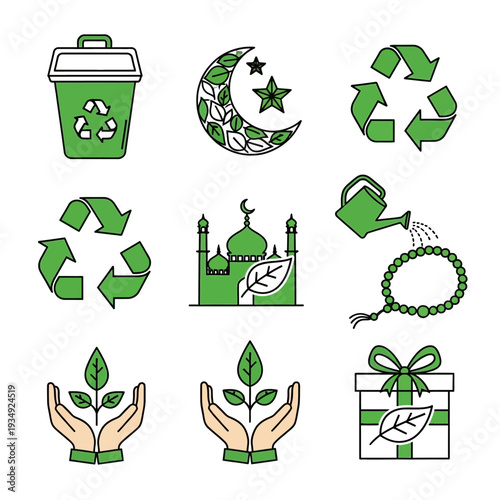 Green Islamic Symbols and Eco Friendly Icons.