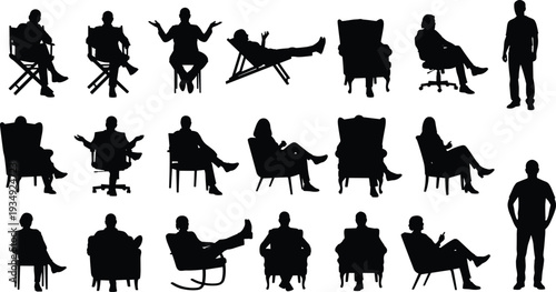 Diverse people silhouettes sitting in armchairs and standing, men and women in various poses, relaxed lounge chairs, office seats, professional group.