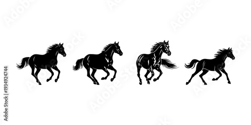 Four Dynamic Horse Silhouettes Running on White Background