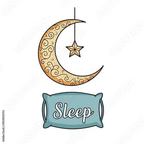 Crescent Moon with Star and Pillow Sleep.