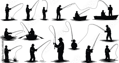Fisherman silhouette vector set featuring men fishing from boats and shores with rods for outdoor sports and hobby graphic designs.