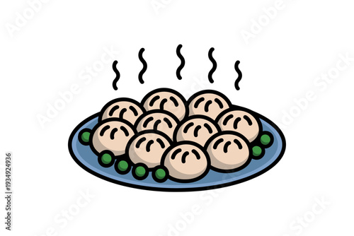 A plate of steaming hot dumplings served with green vegetables on a blue plate