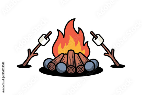A colorful cartoon illustration of a campfire with marshmallows on sticks