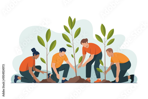 A group of people planting trees together in a collaborative environmental effort