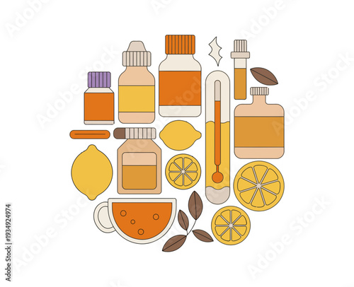 A colorful vector illustration of various citrus products and ingredients, including bottles, lemons, and leaves.