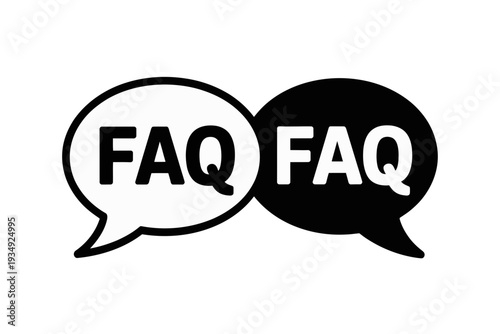 A vector graphic illustration of two speech bubbles with the text FAQ, one in black and white, symbolizing frequently asked questions and customer support.