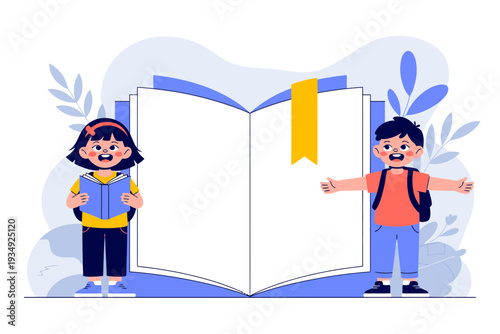 A colorful vector illustration of two happy children standing on either side of a large open book with a yellow bookmark