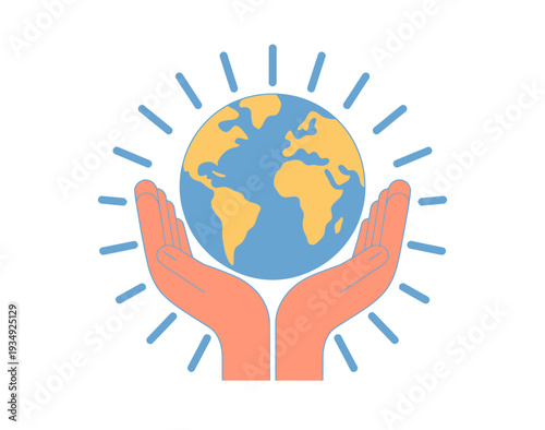 A pair of hands cradling the Earth with a radiant sunburst in the background, symbolizing global care and protection.