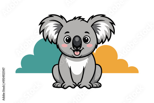 A cute cartoon koala sitting in front of colorful clouds