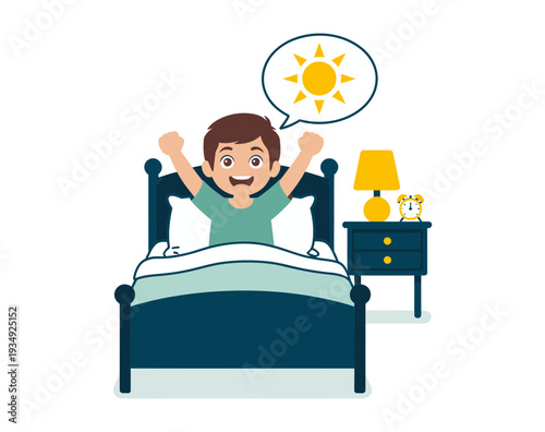 A cheerful cartoon man waking up in bed with a sunny thought bubble above his head