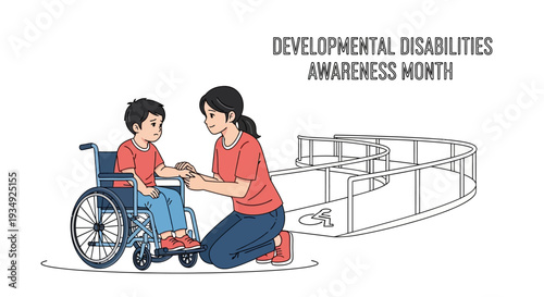 Illustration of a woman kneeling beside a child in a wheelchair for Developmental Disabilities Awareness Month with a ramp in the background.