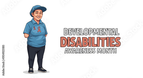 Illustration of a cartoon man standing next to text promoting Developmental Disabilities Awareness Month on a white background with a blue shirt and cap.