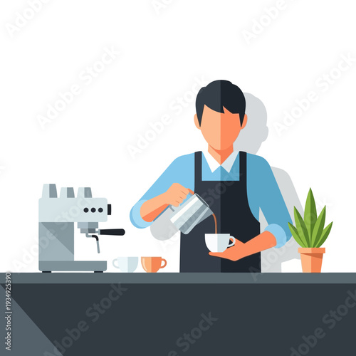 Barista making coffee at espresso machine, pouring latte art into cup, cafe counter