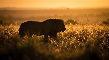 Majestic lion silhouette walking through golden savanna grassland during warm sunset light creating dramatic wildlife scene for nature photography and safari content.