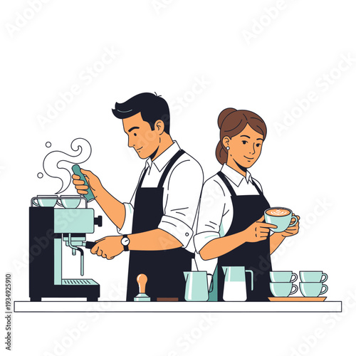 Barista Couple Preparing Coffee Drinks at Counter with Espresso Machine and Cups