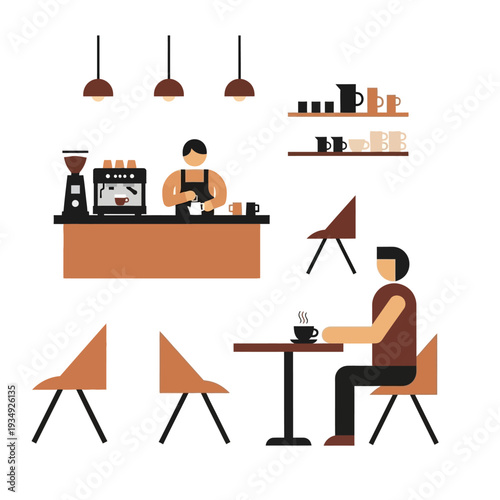 Barista making coffee at counter, customer sitting at table in modern cafe, flat design