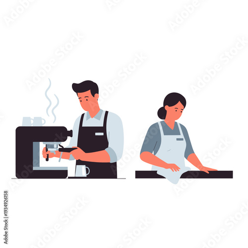 Barista making coffee at espresso machine, colleague cleaning counter in cafe