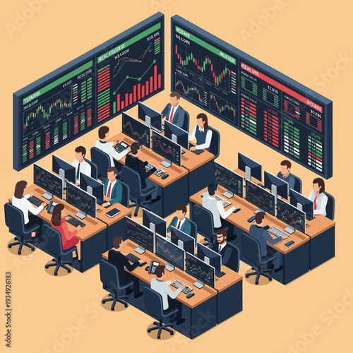 Group of stock traders analyzing financial data on multiple computer screens.