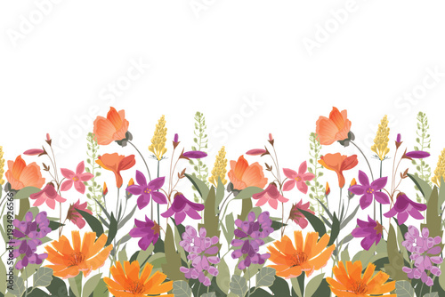 Vector floral seamless pattern, border. Pink, orange, purple flowers