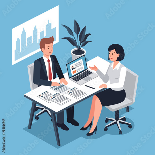 Business professionals collaborating at a modern office desk.