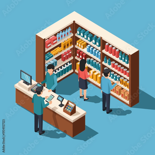 Isometric illustration of a convenience store with customers and a cashier.
