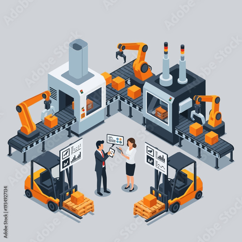Industrial Automation Factory with Robots and Workers.