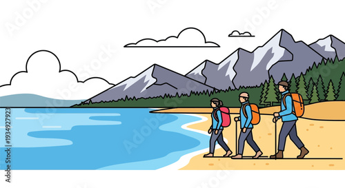 Three hikers with backpacks and trekking poles walking along a sandy beach next to a lake with mountains and pine trees in the background.