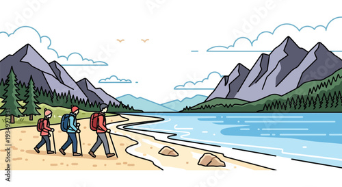 Three hikers with backpacks and walking sticks trek along a scenic lakeside path with majestic mountains and pine trees in the background.