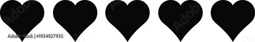 Five black heart silhouettes in a row isolated on white background symbol of love passion health rating and romantic emotion
