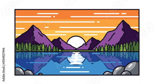 Stylized vector illustration of a serene mountain lake at sunset with vibrant colors and reflections, featuring a minimalist aesthetic.