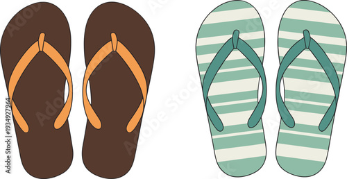Colorful flip flops set with striped and solid designs isolated on white background, summer beach footwear vector illustration for fashion and travel concept