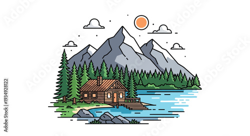 Stylized illustration of a cozy wooden cabin by a serene lake, nestled among towering pine trees and majestic mountains under a clear sky.