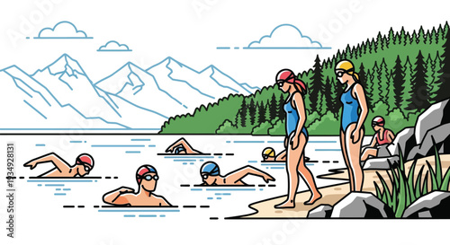 An illustration depicting people swimming and preparing to swim in a clear lake surrounded by mountains and a lush forest on a sunny day.