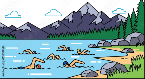 Illustration of multiple swimmers competing in an open water race in a scenic mountain lake with trees and a rocky shore.