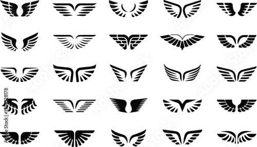 black wing silhouettes set with abstract feathered flying shapes for logo design heraldry tattoos and creative branding elements,