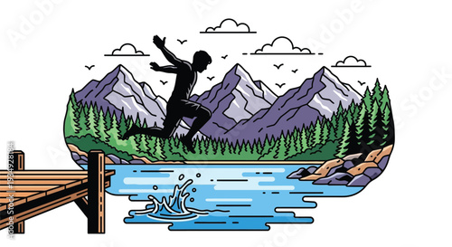 A person jumping into a clear blue lake from a wooden pier with majestic mountains and lush green forests in the background under a cloudy sky.