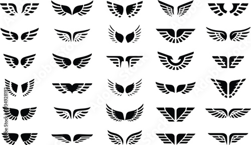black wing silhouettes set with abstract feathered flying shapes for logo design heraldry tattoos and creative branding elements,