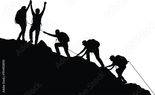 Mountain climbers silhouette teamwork reaching summit isolated on white background, hiking expedition support and success concept for adventure, leadership and achievement design