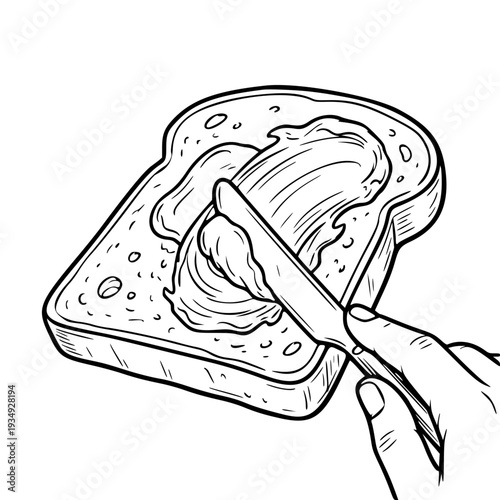 Hand Spreading Butter on Bread Toast Line Art Illustration, Breakfast Food Preparation Sketch Icon