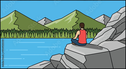 A person sits peacefully on a large rock by a calm lake, gazing at distant green mountains and a dense forest under a clear blue sky, enjoying nature's tranquility.