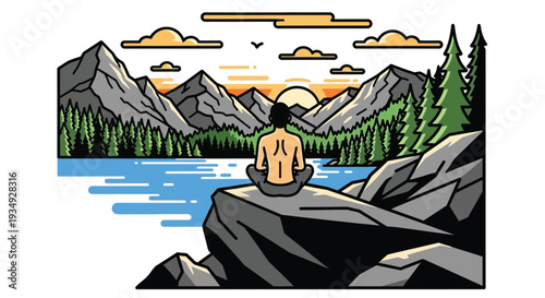 Stylized illustration of a person meditating on a rock by a serene lake with majestic mountains and a beautiful sunset in the background.